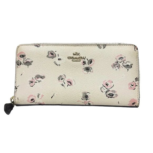 Auth COACH Small Wildflower Print Leather Accordion Zip Around F53770 Cream Gray - Picture 1 of 6